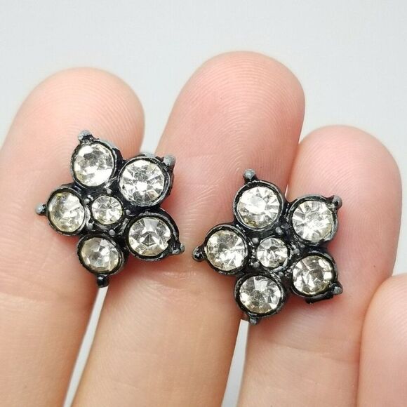 Vintage Rhinestone Flower Clip On Screw Back Earrings, Floral, Estate - Picture 1 of 6